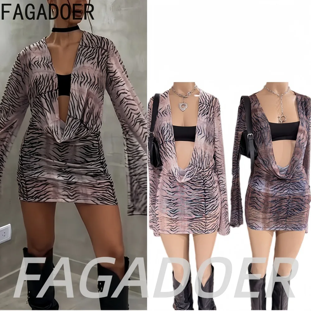FAGADOER Y2K Retro Tiger Striped Mini Dress Two Piece Sets Sexy Ruched Deep V  Flare Long Sleeve Bodycon Dress + Crop Top Suits