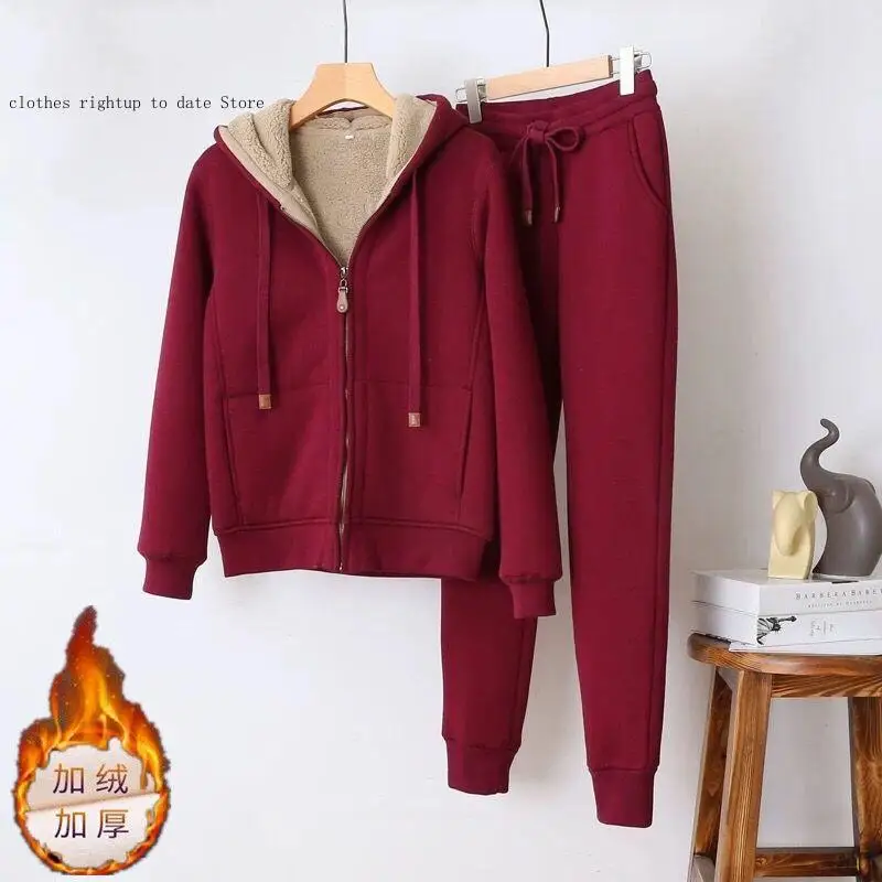 Casual Sports Sets Female Short Coat Straight Pants 2-Piece Sets Winter Thicken Fleece Sweatshirts Hoodies Women Two-Piece Suit