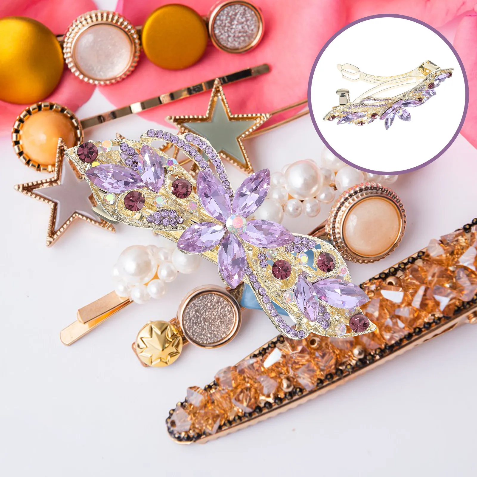 

Stylish Simple Flower Hair Clip Rhinestone Spring Barrette Bling Hair Accessories for Women Formal Wedding Banquet Charm