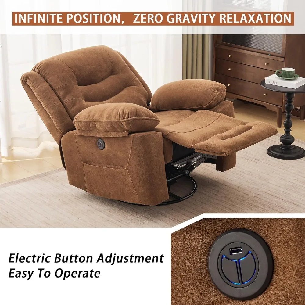 Large Power Swivel Rocker Recliner with Massage and Heat Overstuffed Electric Glider Rocking Chairs Living Room, Soft Fabric