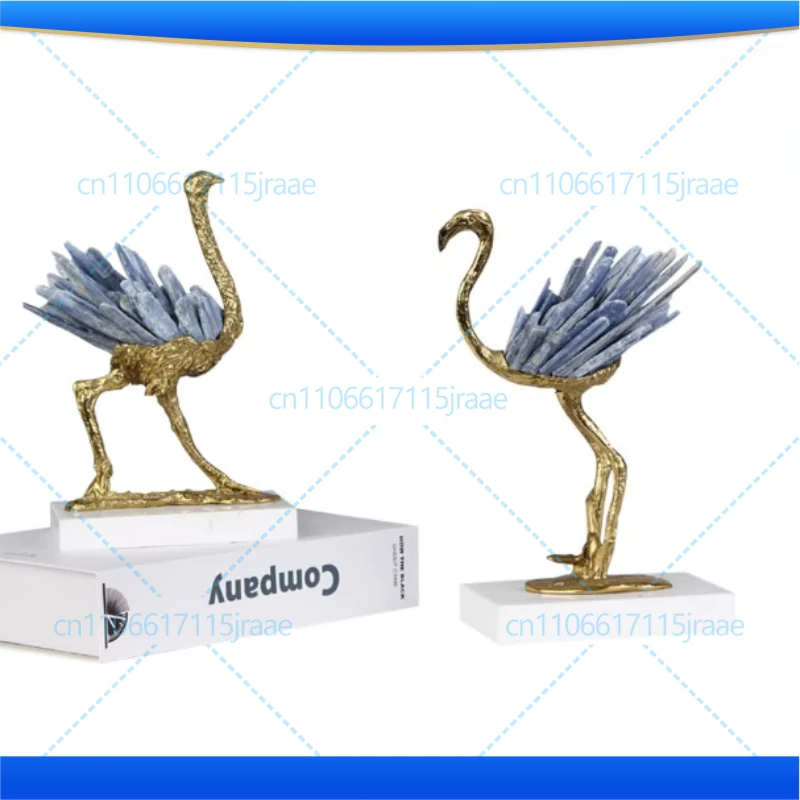 Blue Crystal Brass Gold Plated Ostrich Sculpture Desk Decoration Ornaments Alloy Crafts Abstract Animal Statue