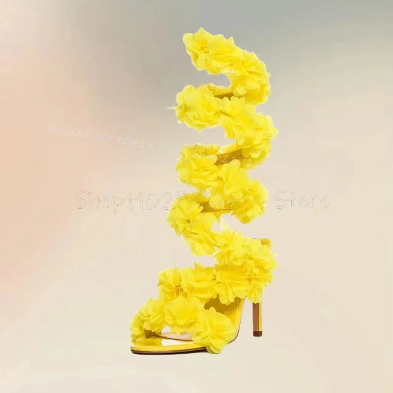 

Yellow Flower Hollow Design Twine Sandals Boots Slip On Women Shoes Thin High Heels Fashion Party Feast 2025 Zapatos Para Mujere