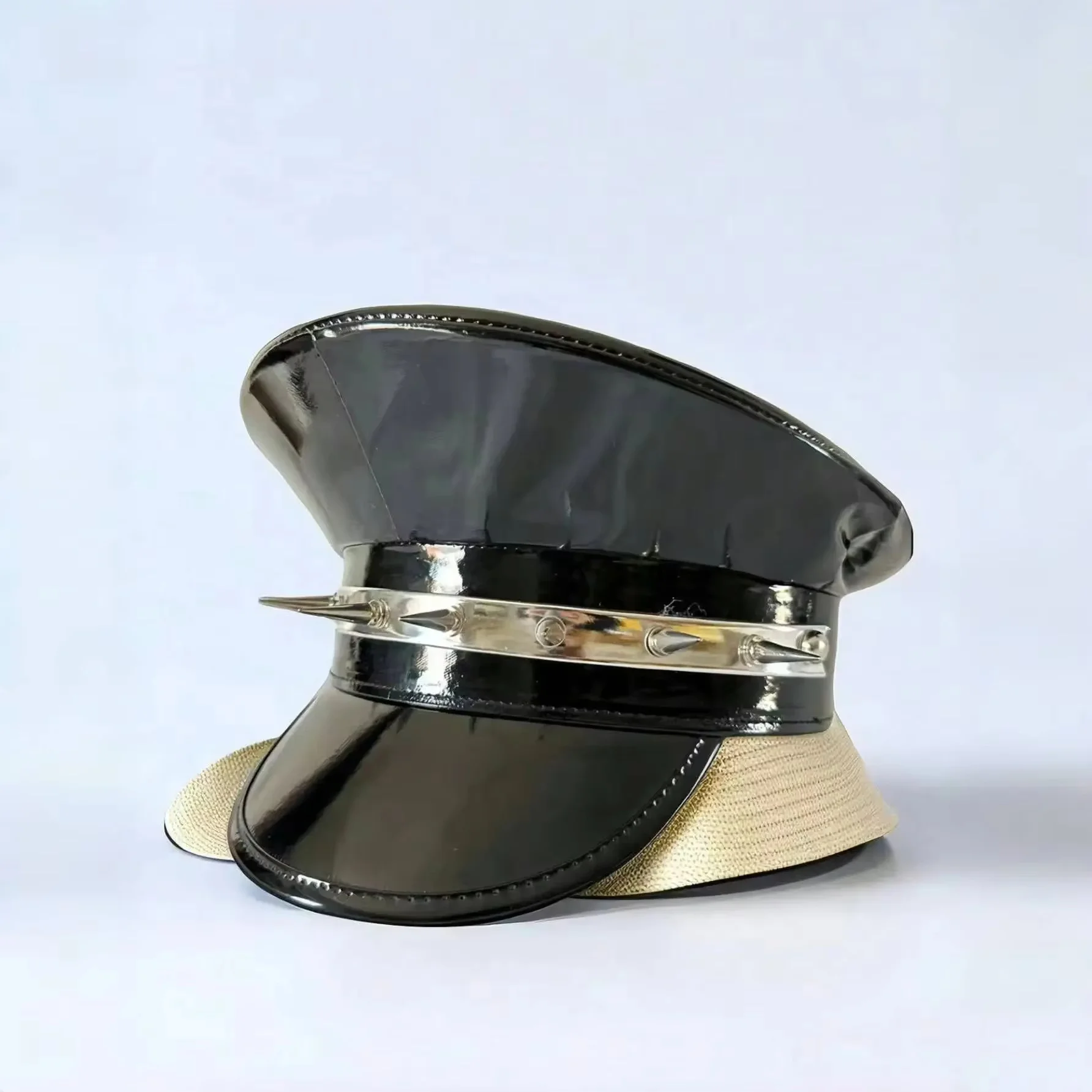 HongLuan  Laser Leather Captain Hat Rhinestone & Military Caps for Woman, Rave Festivals Accessories ＆ Party Cap Man Cosplay Fem