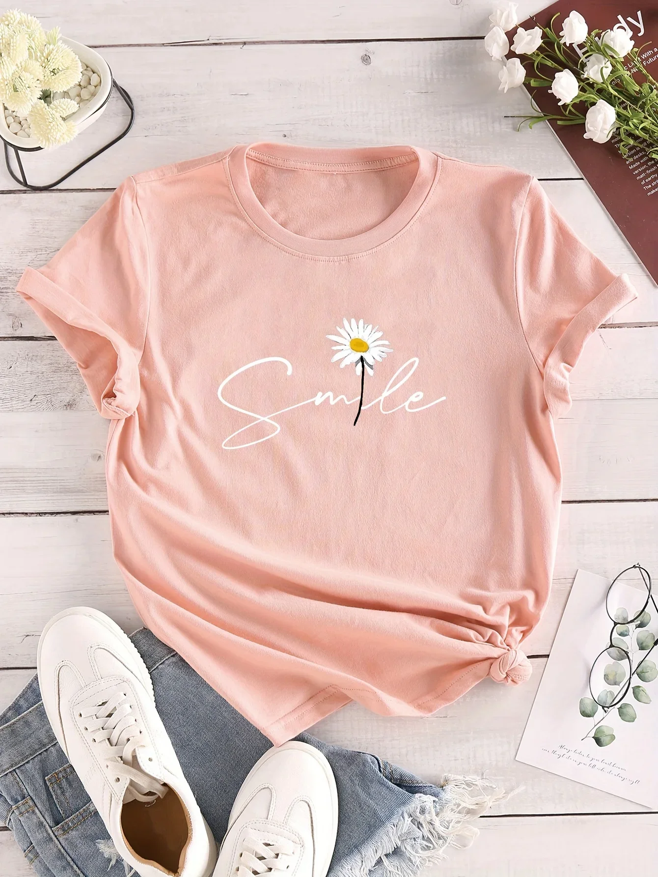 Lässiges Kurzarm-T-Shirt für Frühling und Sommer, Damen bekleidung mit Blumen-und Brief druck und Rundhals ausschnitt,