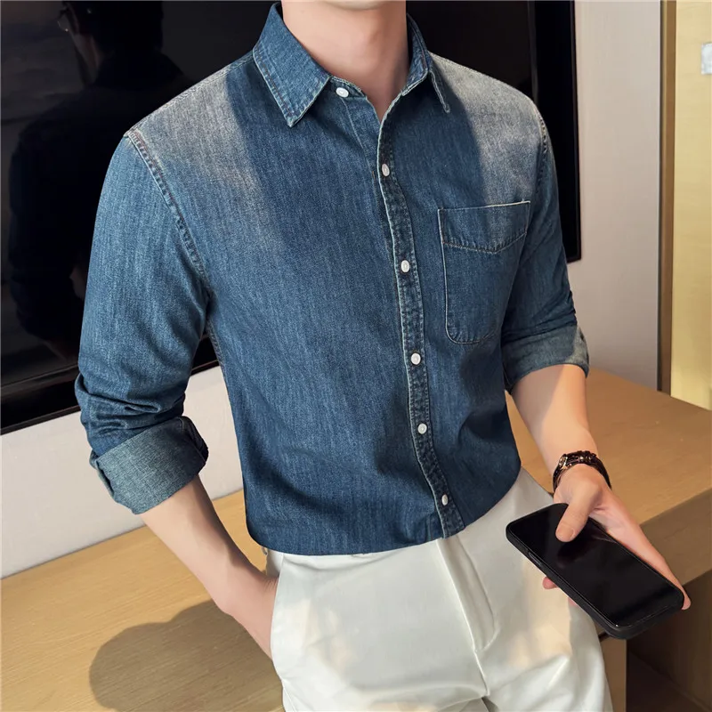 Cotton Denim Shirt With Pocket Retro Casual Dark Blue Men Tops Social Long Sleeve Denim Shirt Jacket Spring Men's Clothing 2025