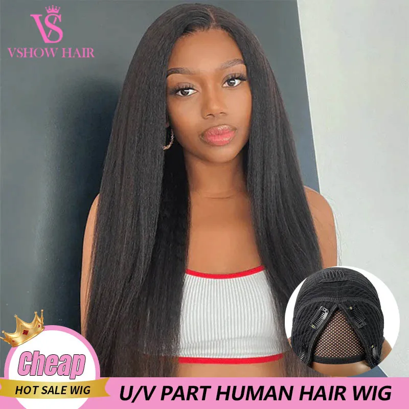 

V Part Glueless Wig Human Hair Ready To Wear No Leave Out Thin Part Wigs Kinky/Yaki Straight Human Hair Brazilain Wigs On Sale