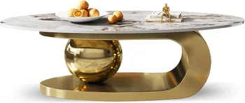 Image Stone Coffee Table with Abstract Gold Metal Base - Perfect Centerpiece for Stylish Living Rooms-Gold,51" Lx28 Wx16.5