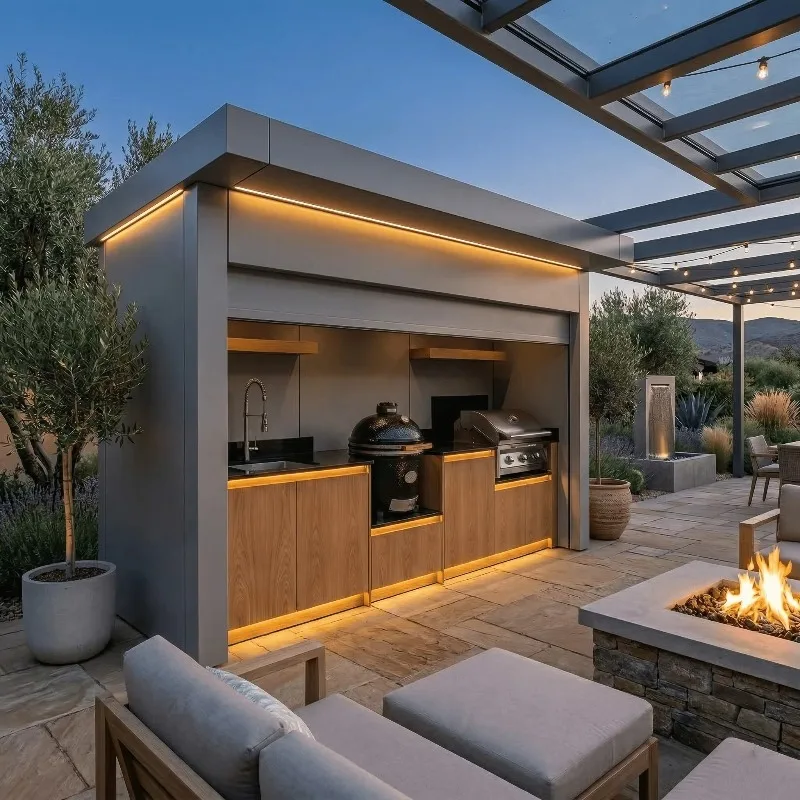 304 Stainless Outdoor Kitchen Shed Set Zero Formaldehyde Cool Touch Pod Sink BBQ Grill Weatherproof Custom