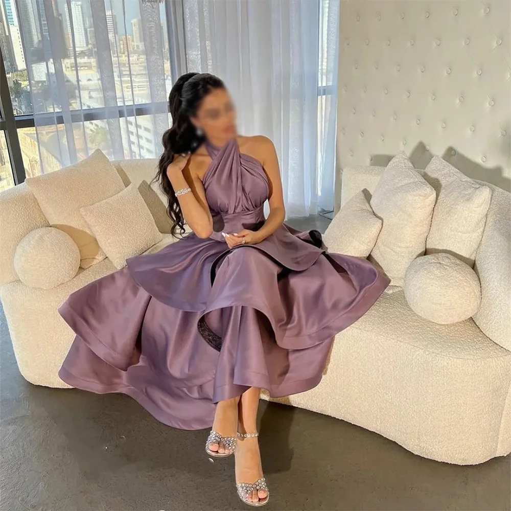 

Purple Satin Pleated Elegant Evening Dresses Formal Party Prom Gowns Tea-Length Halter Vintage Evening Prom Dresses Customized