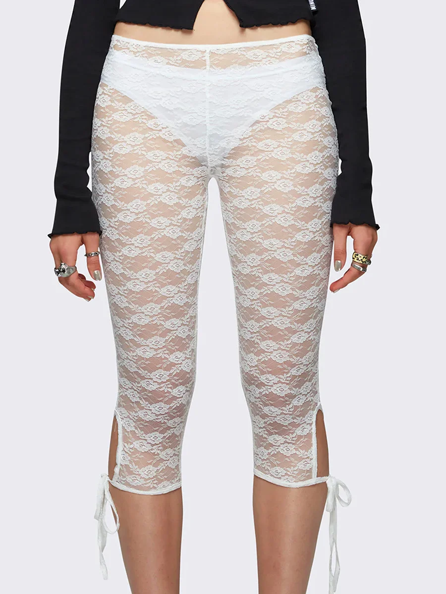 Women Lace Capri Pants Casual Bandage Cutout See-Through Elastic Trousers for Daily Streetwear