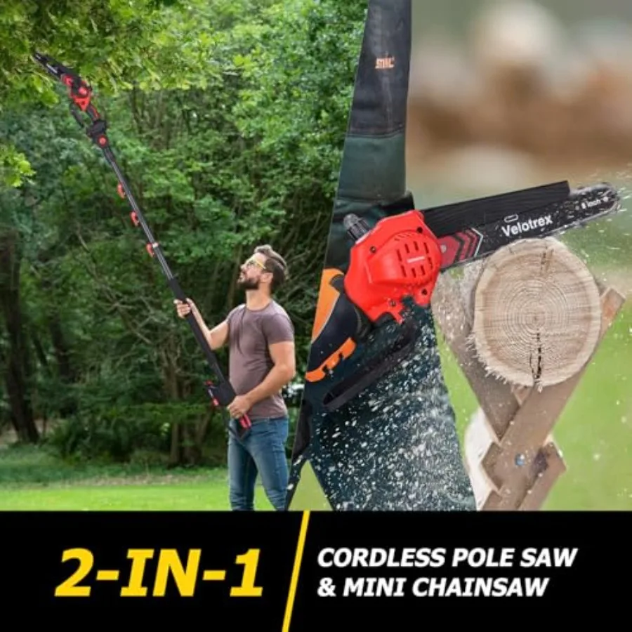 2-IN-1 Cordless Pole Saw and Mini Chainsaw with 8-Inch Brushless Electric Motor for Efficient Tree Trimming Features Auto Oilin