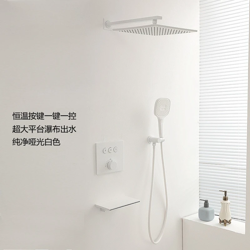 Concealed wall shower thermostatic shower set White canopy embedded top spray waterfall faucet Hot melt pre-embedded