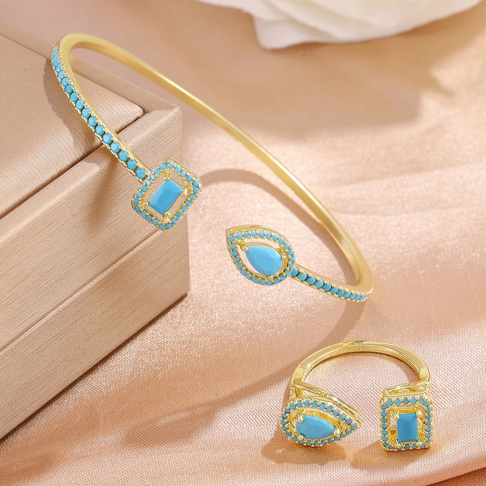 ZAKOL 2-teiliges Set Luxuriöses Geometrisches Quadratisches Wassertropfen-Armreif- und Ring-Set für Damen mit AAA-Zirkonia Hochzeitsschmuck – Detail 2