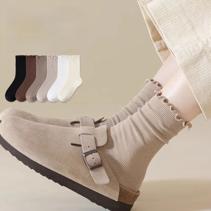 6 Pairs 2026 Women's Spring and Summer Pure Color Mid-calf Socks Female White Socks Korean Style Black Girl School Frilly Socks
