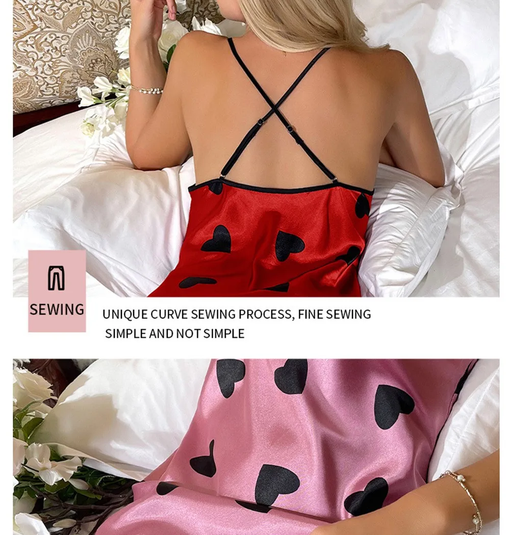 Women's Sleepwear Dresses Heart Letter Print Slip Nightdress Casual Spaghetti Strap Sleep Dress Sleeveless Pajamas Underwear Top