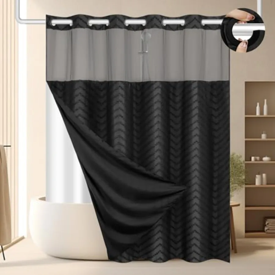 

No Hook Shower Curtain and Liner Set Black Snap in Shower Curtain Ringless Chevron Tufted Cloth Waterproof Washable Fabric Bath