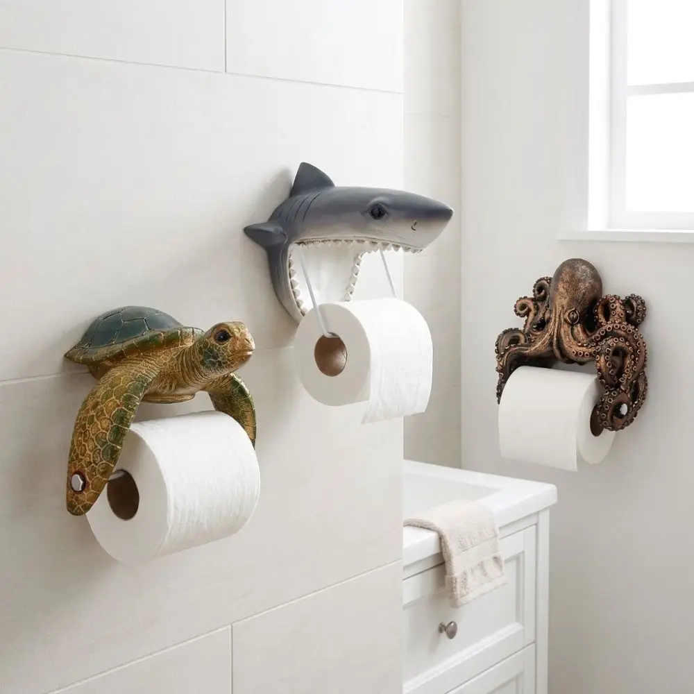 Resin Sea Turtle Toilet Paper Holder Cute Coastal Style Wall Mount Tissue Rack Marine Animal Turtles Sharks