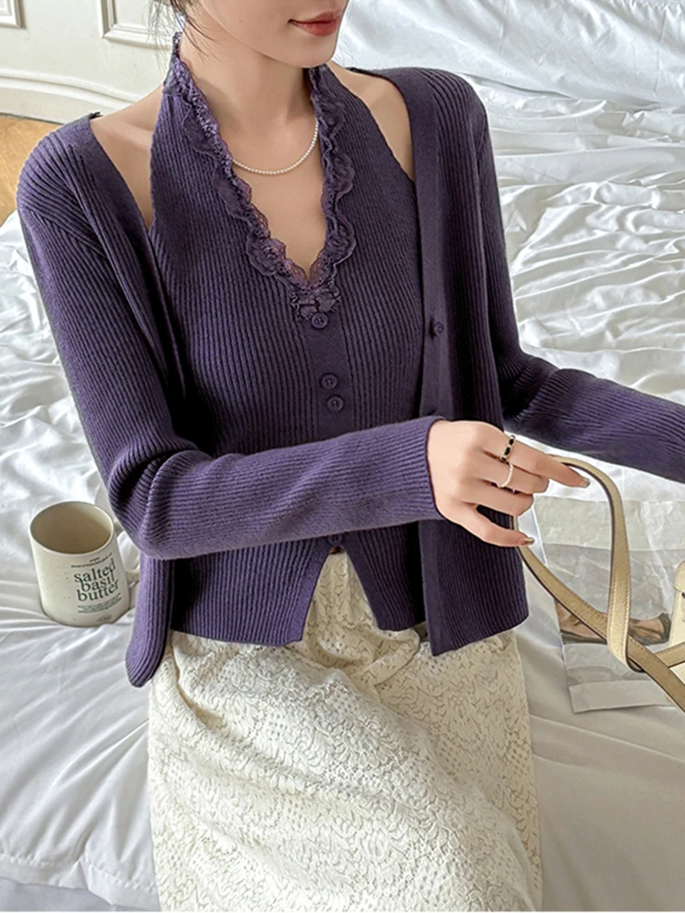 

Autumn Winter Knitwear Sweater For Woman Sexy Halter Lace V-Neck Pullover Women Two Fakes Pulls Femmes Outerwear Cardigan Jumper