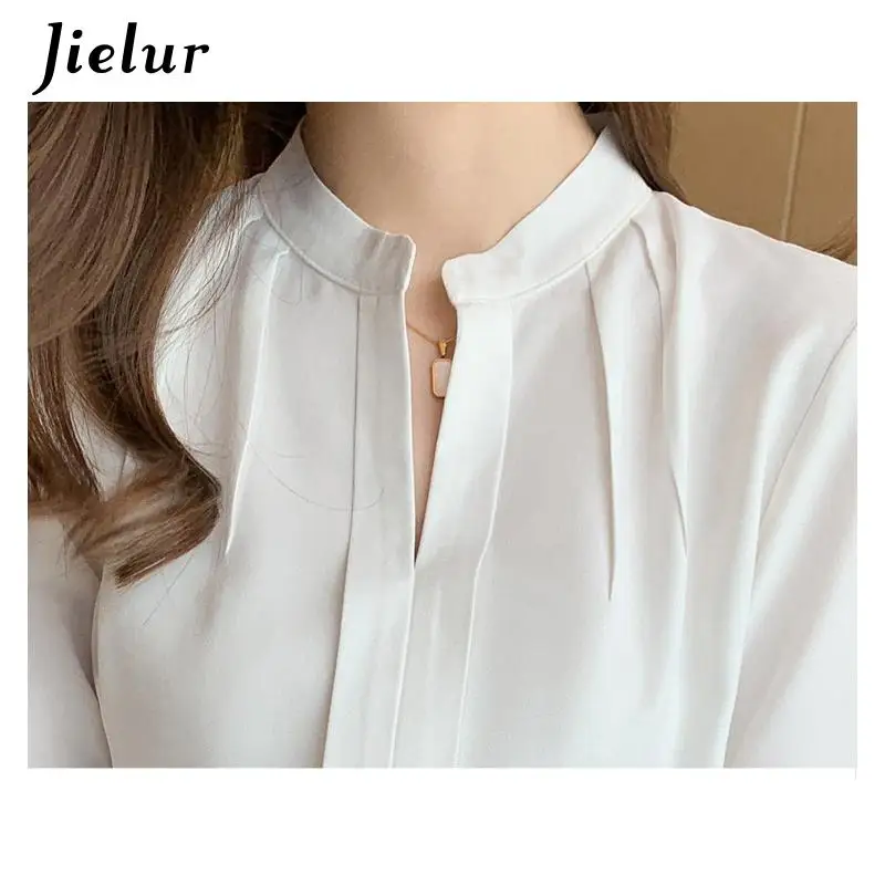 Jielur primavera mulheres branco chiffon camisa feminina topos de manga comprida com decote em v blusa feminina blusas mujer de moda 2022 camisas blusas