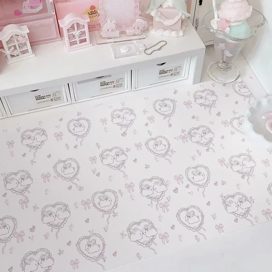 Line Love Bunny Floral Rabbit Korea Leather Desk Pad Protector Mouse Pad Office Desk Mat Waterproof Non-Slip PU Desk Blotter Pad