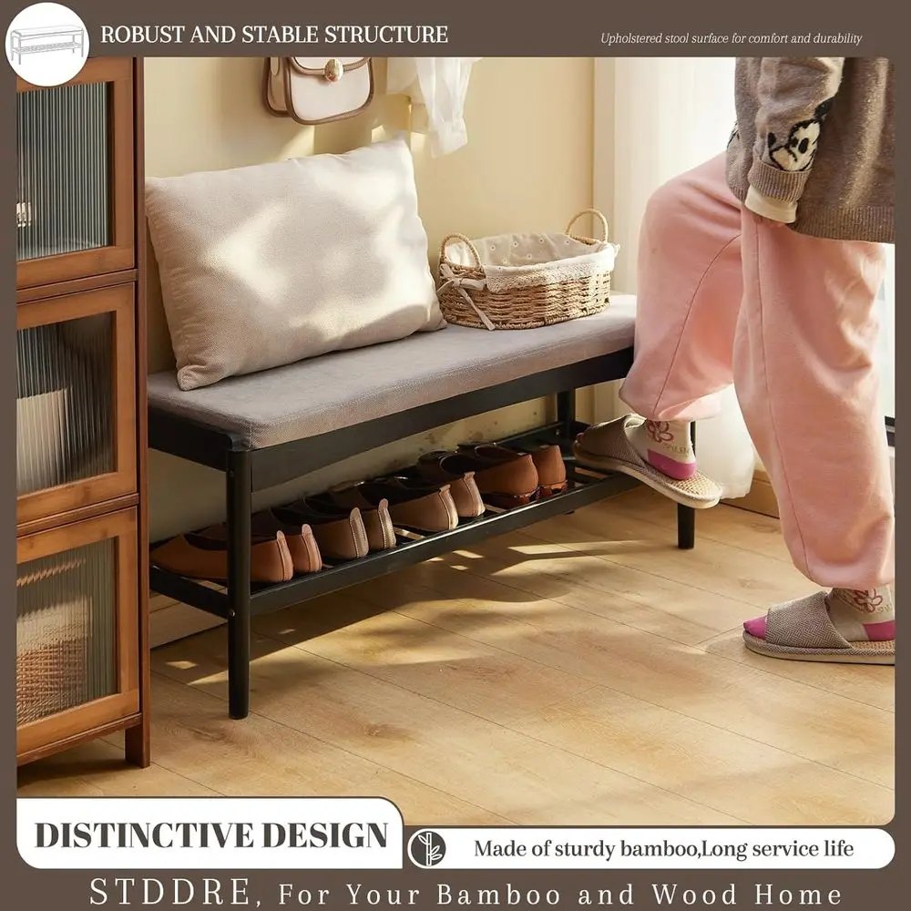 2-Tier Bamboo Shoe Rack with Cushioned Seat for Entryway, Hallway, Living Room, and Bedroom (Black-Gray, 39.4x11.4x16.5IN)