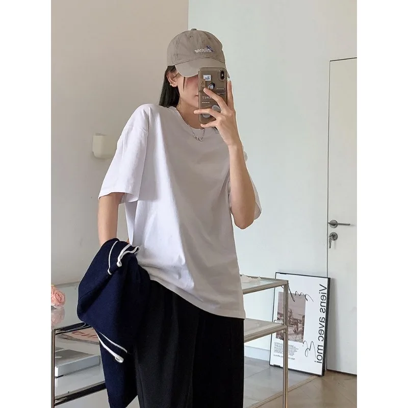 Women Loose Short Sleeved T-shirt Pure Cotton Black and White Monochromatic Base Half Sleeved Oversized Top Spring Summer New