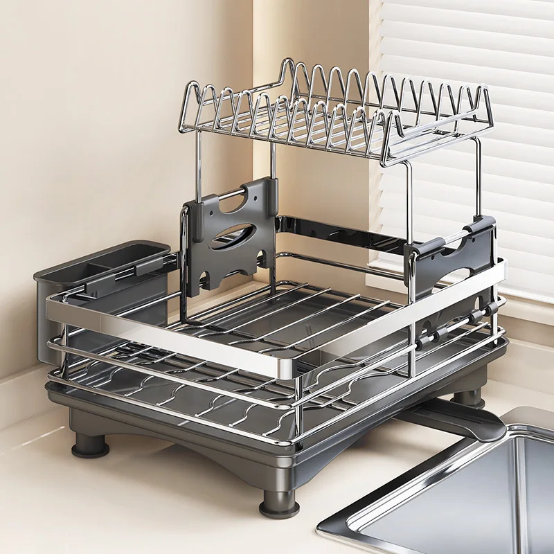 

304 stainless steel double-layer dish storage rack, kitchen multi-functional organization shelf