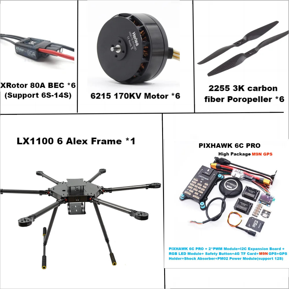 LX1100 6C PRO M9N Full Carbon Fiber 1100mm Hexa-Rotor Frame X-Roter 80A ESC PX4 Pixhawk Flight Control Set 6215 Motor