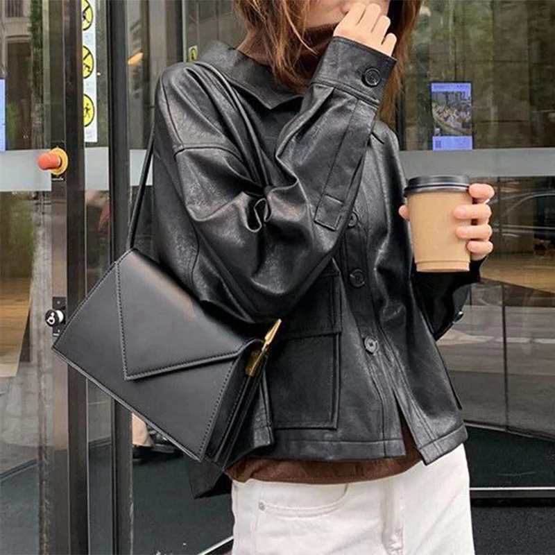 가짜 가죽 자켓 여성 가을 ​​패션 빈티지 싱글 브레스트 코트 포켓 모토 바이커 스타일 여성용 크롭 가죽 자켓