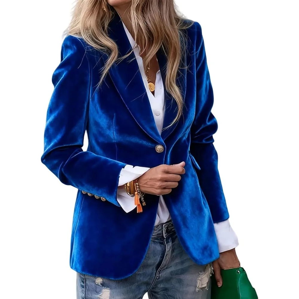 

Velvet Blazer Women Casual Business Button Up Jacket Fall Winter Coats Notch Lapel Work Office Suit Jackets Blazer