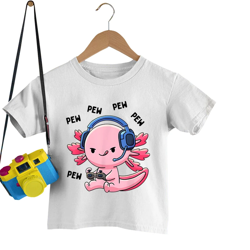 

Cute Cartoon Axolotl Pew Print T-shirt Children Boys Girls Short Sleeve Round Neck Tops Fashion Kids Print Solid Color Tee Shirt