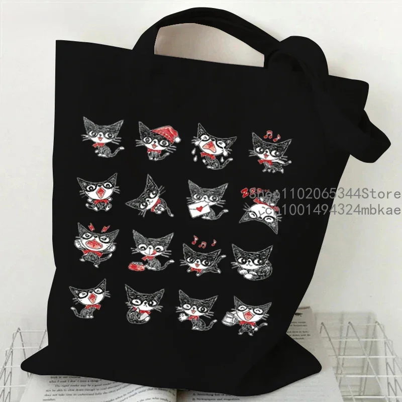 Women Canvas Handbags Funny Cats Print Female Reuseable Shopping Bag Student Cartoon Cute Kitten Tote Bags Woman Shoulder Bag