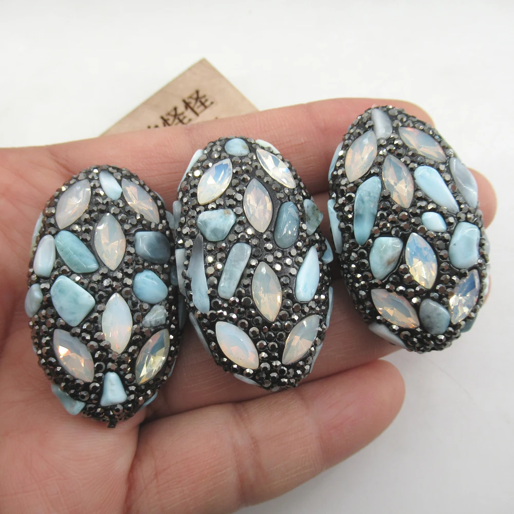 

APDGG 3 Pcs Natural Blue Larimar Egg Shape Connector Spacer Beads