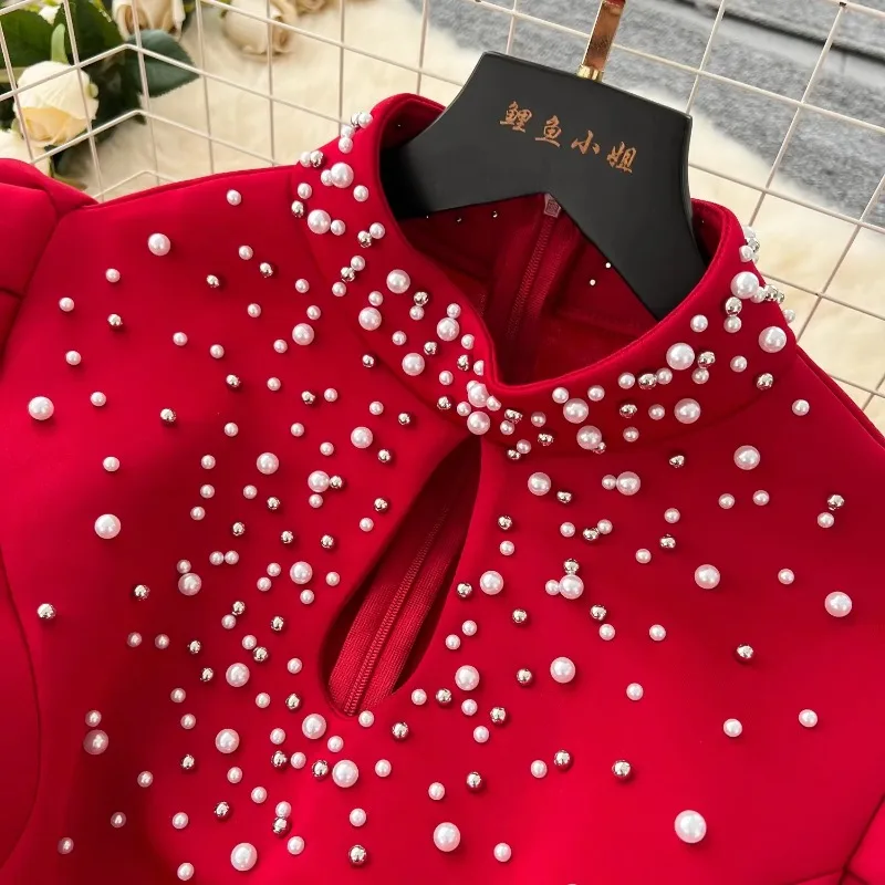 Chique elegante uitgeholde kralen vlindermouwen slanke kokerjurk vintage Koreaanse sexy vrouwen sexy avondfeest zomerkleding