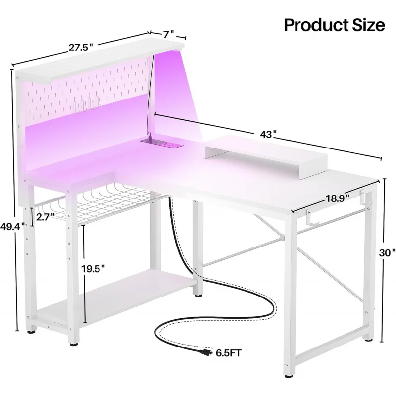 White 43 Inch L Small Gaming Desk with Power Outlets Pegboard LED Light,  Shaped Computer Desk with Monitor Stand Storage Shelve