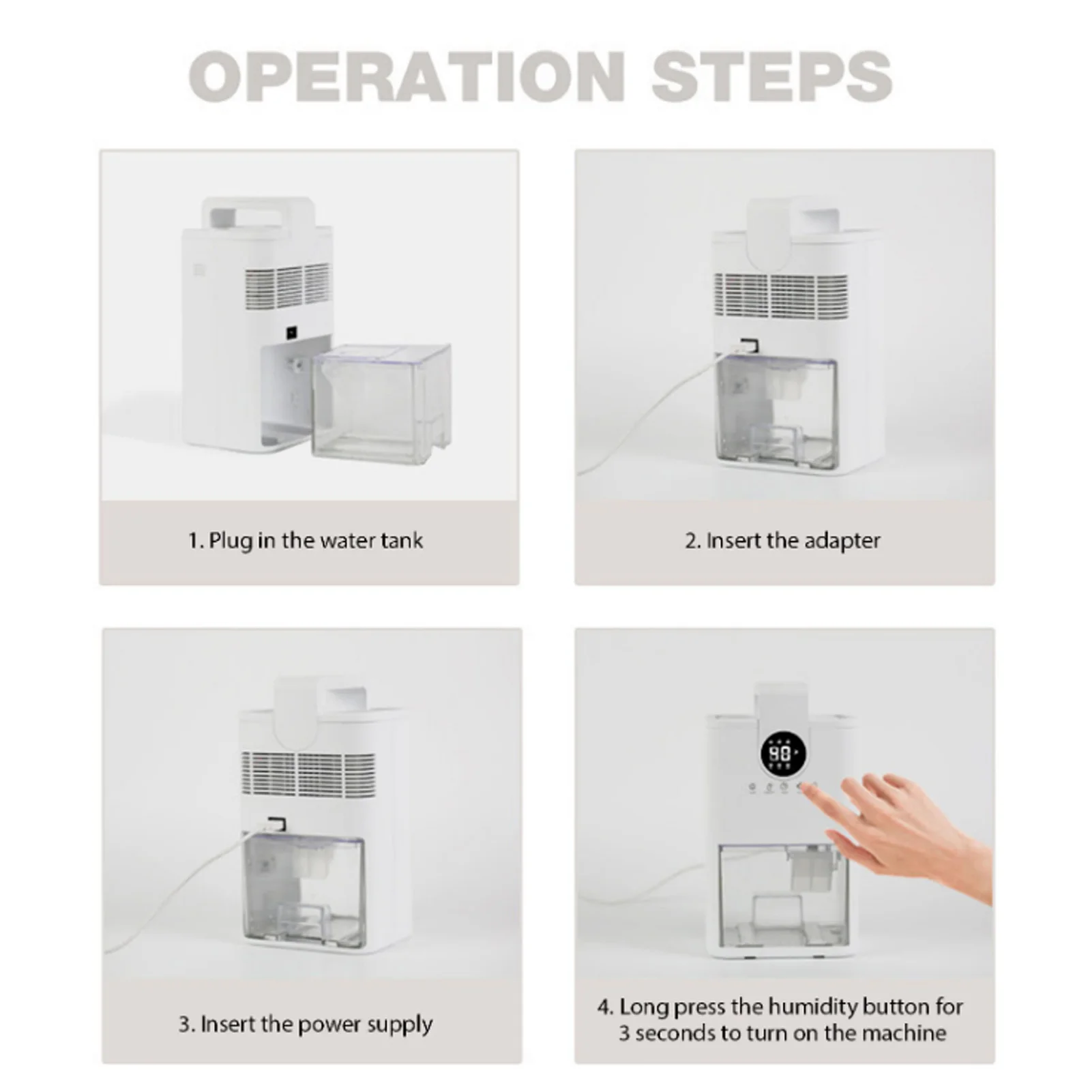 Desumidificador pequeno para casa, tanque de água de 1l, silencioso, umidade personalizável, 6h, 12h, 24h, temporizador, desligamento automático, luz noturna colorida para quarto