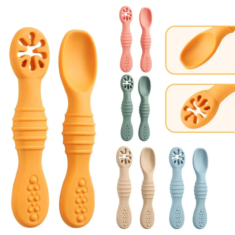 2PCS Soft Silicone Baby Learning Spoons Kitchen Cute Eating Helper Infant Feeding Spoon Feeding Tableware Training Spoons