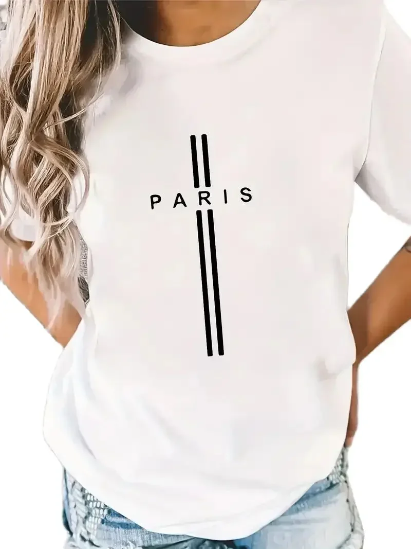 

Футболка женская с вертикальным принтом, топ с круглым вырезом и коротким рукавом, Повседневная Удобная рубашка в Париже, лето