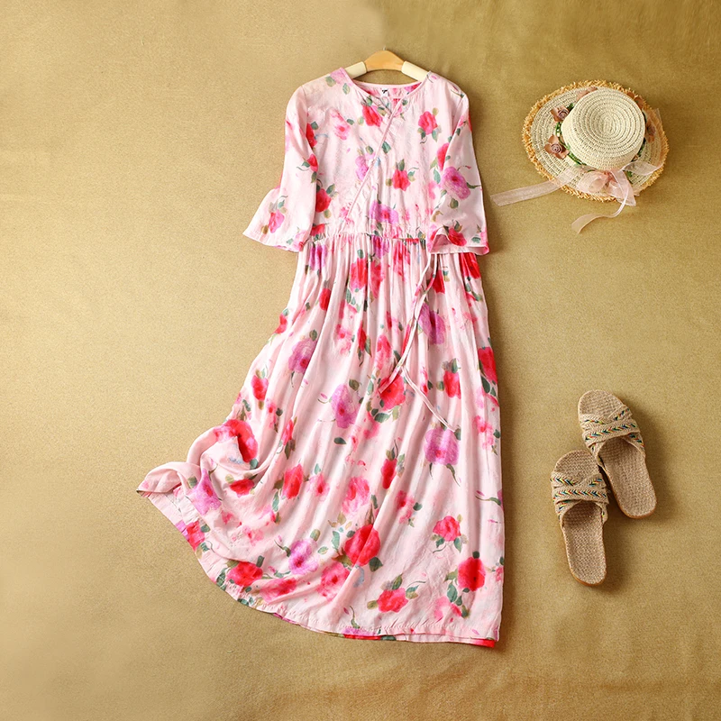 

Хлопково-льняная юбка большого размера с цветочным принтом, круглая Ne f Sve, юбка трапециевидной формы с завязками на талии для женщин, винтажная юбка для поездок на работу