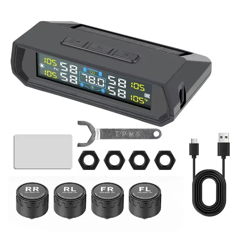 Solar Powered RV TPMS Tire Pressure Monitor 4 Sensors Auto Sleep RV Trailer/Solar Energy Charging, 6 Safety Alarm Modes, 4 External Sensors, Real-Time Tire Monitoring,RV,Trailer,SUV,MPV