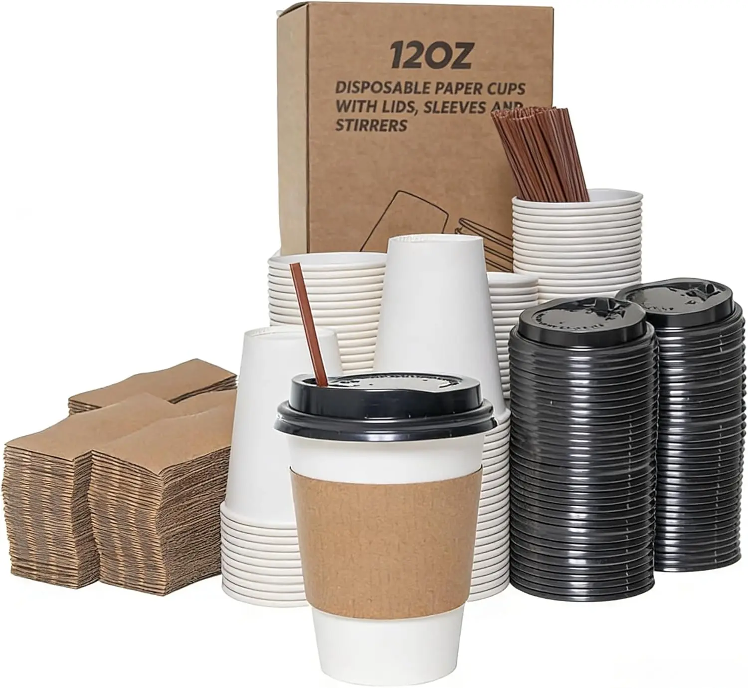 

Disposable Paper Coffee Cups 12 oz with Lids, Sleeves and Stirrers [100 Count] - Eco-Friendly Disposable Cups for Hot/Co
