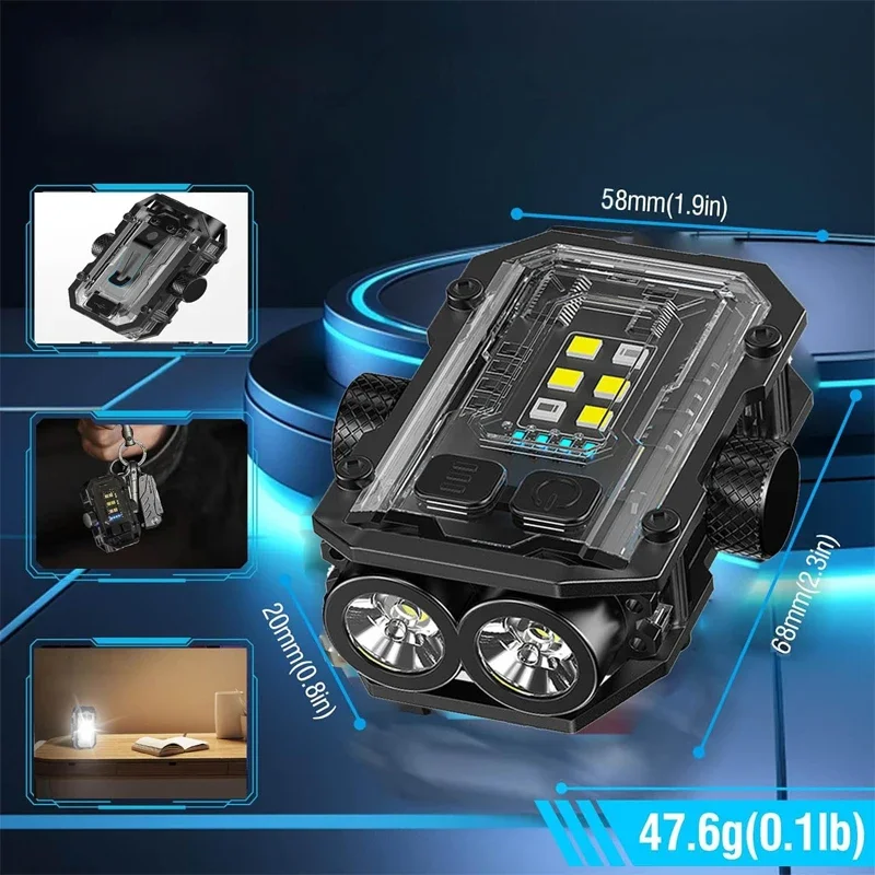 Mini llavero con clip para linterna con clip, LED 360 °   Luz EDC magnética giratoria con luz lateral COB roja y azul para senderismo y acampada