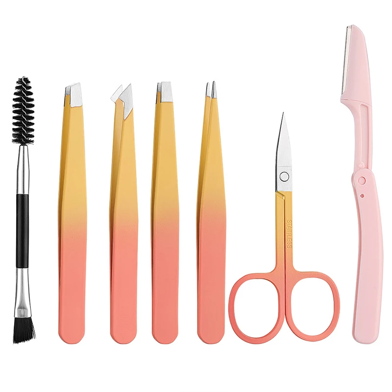 ชุดแหนบถอนขนคิ้วอเนกประสงค์ 7 ชิ้น สีสันสดใส หัวแหนบแบบเฉียง/แบน อุปกรณ์เสริมความงามสำหรับขนคิ้วและขนคุด