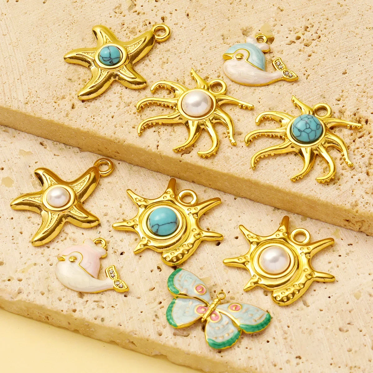 3pcs/Lot Wholesale Stainless Steel Natural Stone Anemone Starfish Diy Charms Dolphin Conch Necklace Pendants Butterfly Jewelry