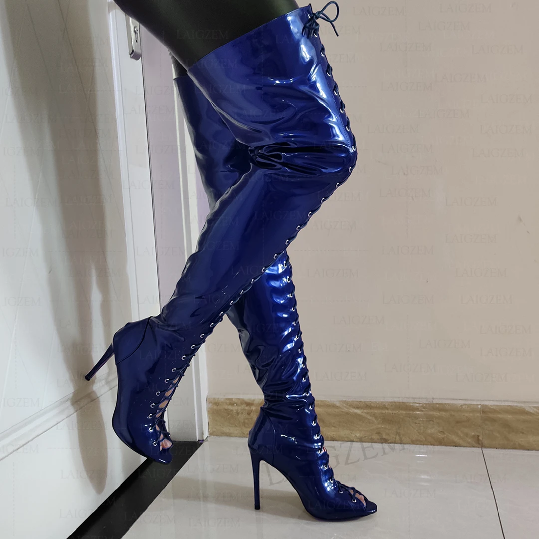 BERZIMER Women Over Knee Boots Lace Up Peep Toe Side Zip Thin Heels Tall Boots Handmade Ladies Shoes Woman Big Size 38 42 45 52