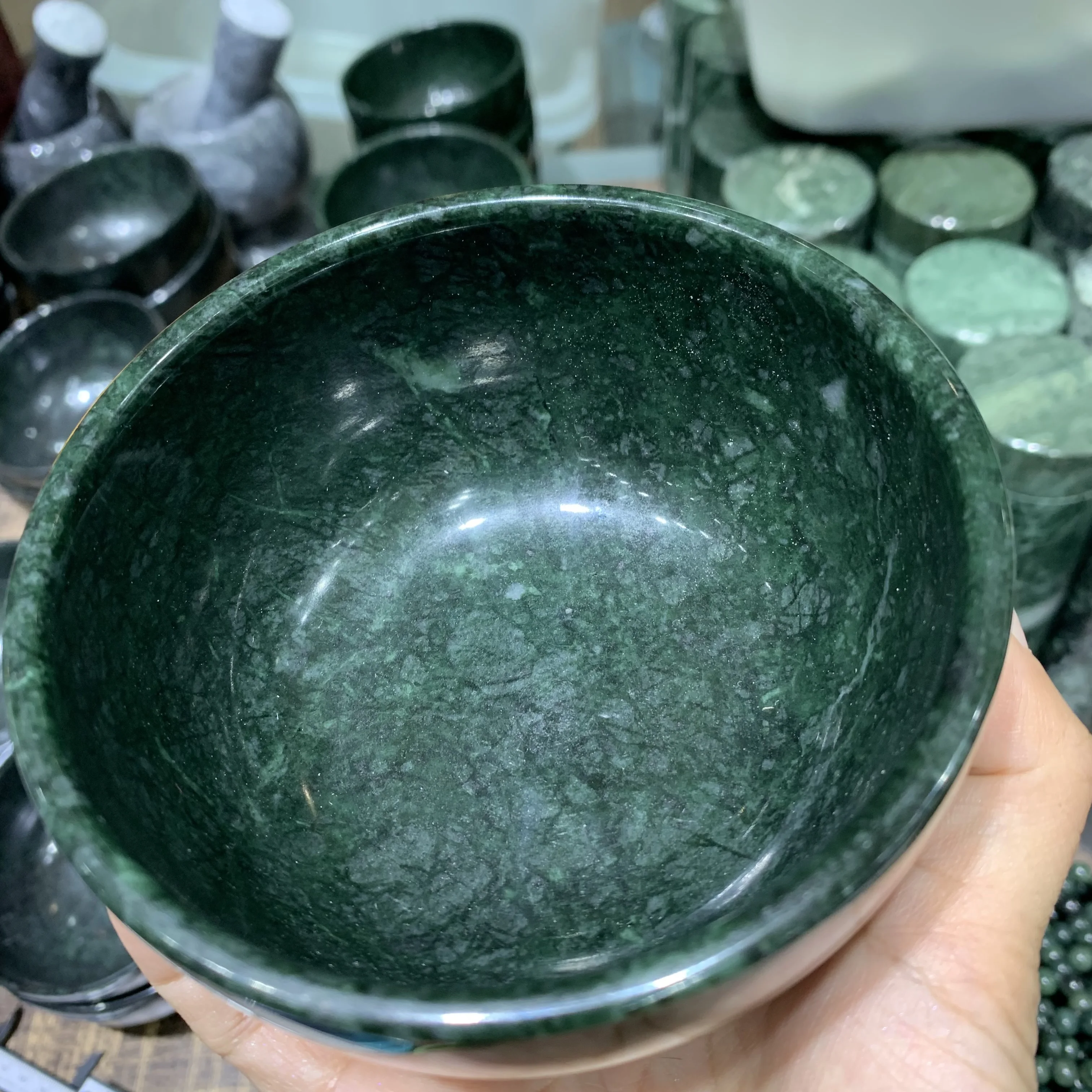 Naturla Tibetan Jade bowl Hand-Carved Round Dark Green Jade bowl for Kitchen utensils
