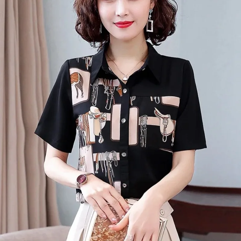 

Summer Women's Chiffon Button Turn-down Collar Cardigan Geometric Abstract Printing Short Sleeve Shirt Korean Fashionable Tops