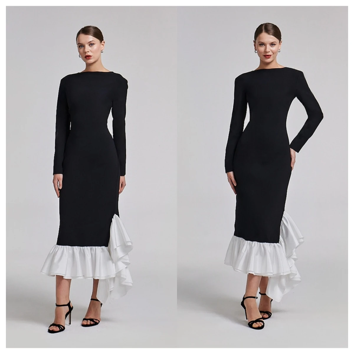 ที่กําหนดเองที่กําหนดเองคุณภาพสูงสีดํา JERSEY ชุดราตรี Scoop แขนยาวคนดังชุดซิปด้านหลังโอกาสพิเศษ Go