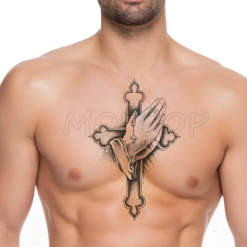 Temporäre Tattoo Aufkleber Hände Zusammen Frieden Kreuz Gefälschte Tatto Wasserdicht Tatoo Zurück Bein Arm Bauch Große Größe für Frauen Männer