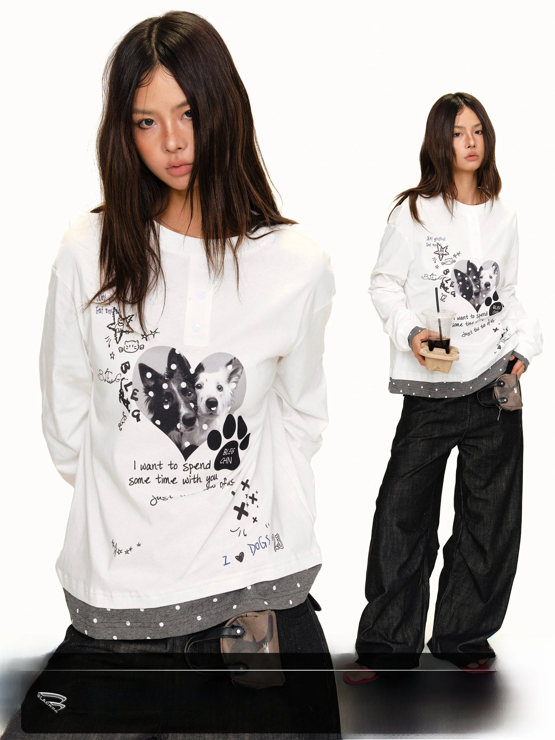 Loose Long Sleeve T-Shirt Women's round Neck Printed Casual Style Cotton Breathable Fashion Autumn Top Dog Heart Pattern